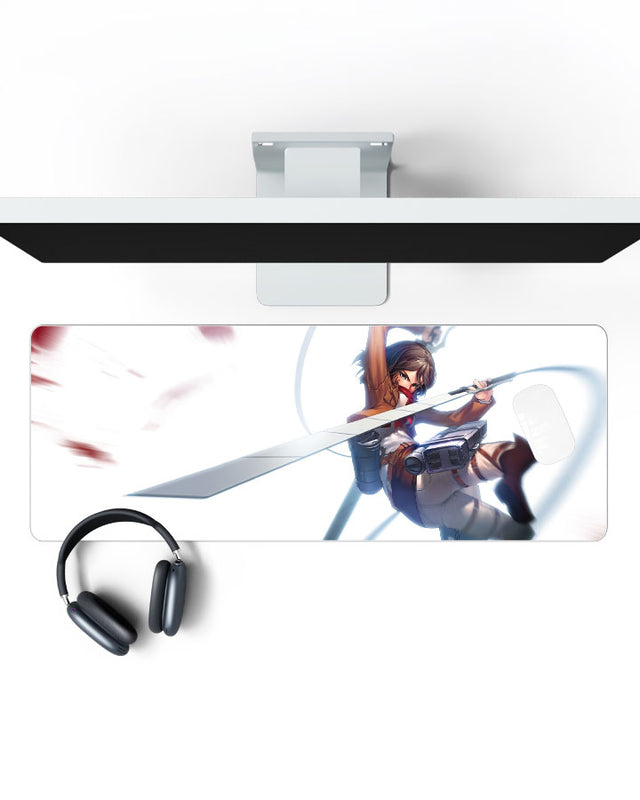 Mikasa Ackerman – Blade Strike Gaming Desk Mat on a desk, top view