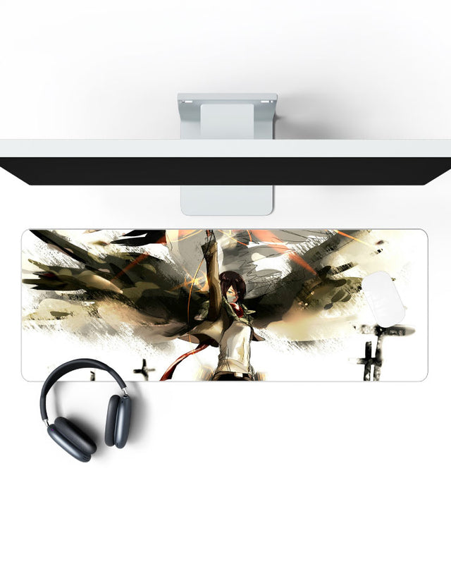 Mikasa Ackerman โ Wings of Freedom Gaming Desk Mat on a desk, top view