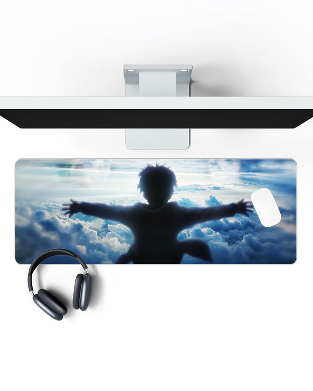 Eren Yeager โ Freedom Gaming Desk Mat on a desk, top view