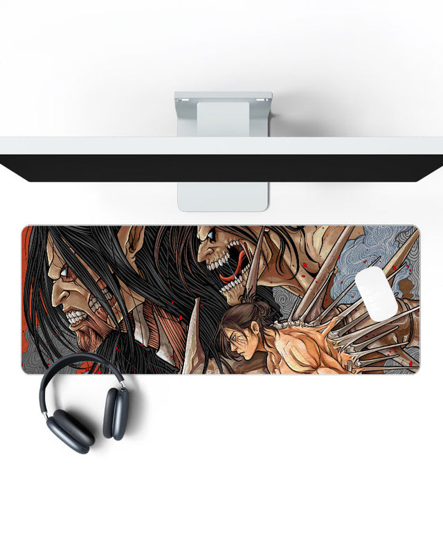 Eren Yeager – Final Season Gaming Desk Mat on a desk, top view