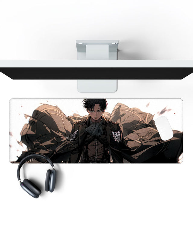 Levi Ackerman Gaming Desk Mat on a desk, top view