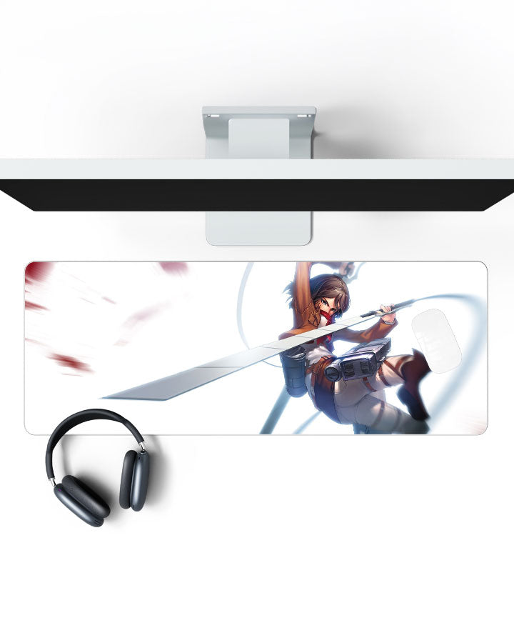 Mikasa Ackerman – Blade Strike Gaming Desk Mat on a desk, top view