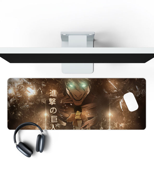 Eren Yeager – Attack Titan Gaming Desk Mat on a desk, top view