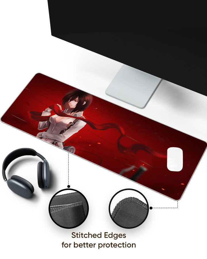 Mikasa Ackerman – Red Scarf Gaming Desk Mat with stitched edges (EdgeGuard)