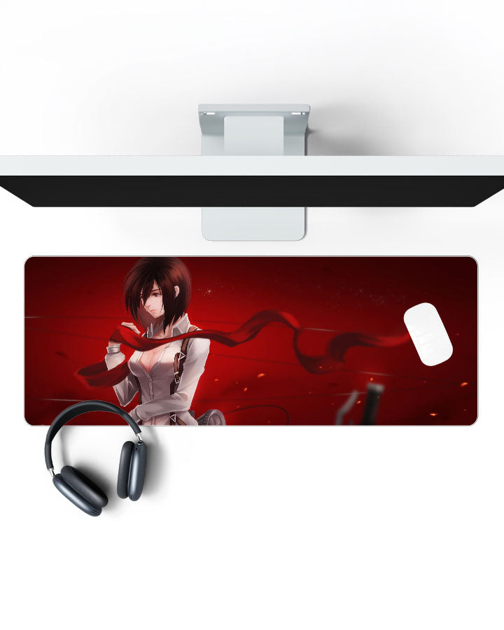 Mikasa Ackerman – Red Scarf Gaming Desk Mat on a desk, top view
