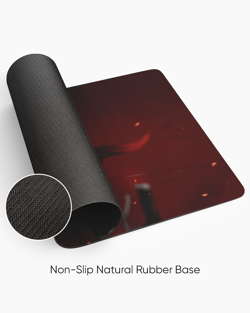 Mikasa Ackerman – Red Scarf Gaming Desk Mat rolled to show the natural rubber base