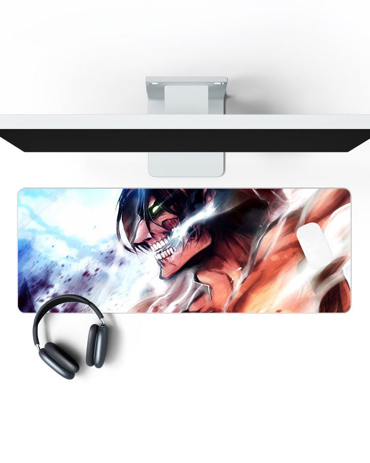 Attack Titan – Lightning Roar Gaming Desk Mat on a desk, top view