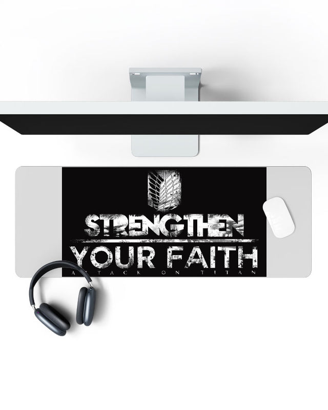 Survey Corps – Strengthen Your Faith Gaming Desk Mat on a desk, top view