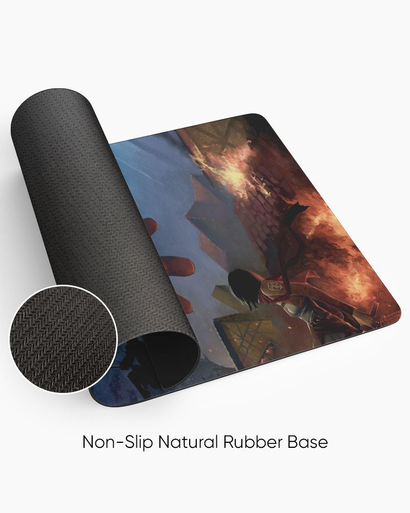 Colossal Titan vs Mikasa Ackerman Gaming Desk Mat rolled to show the natural rubber base