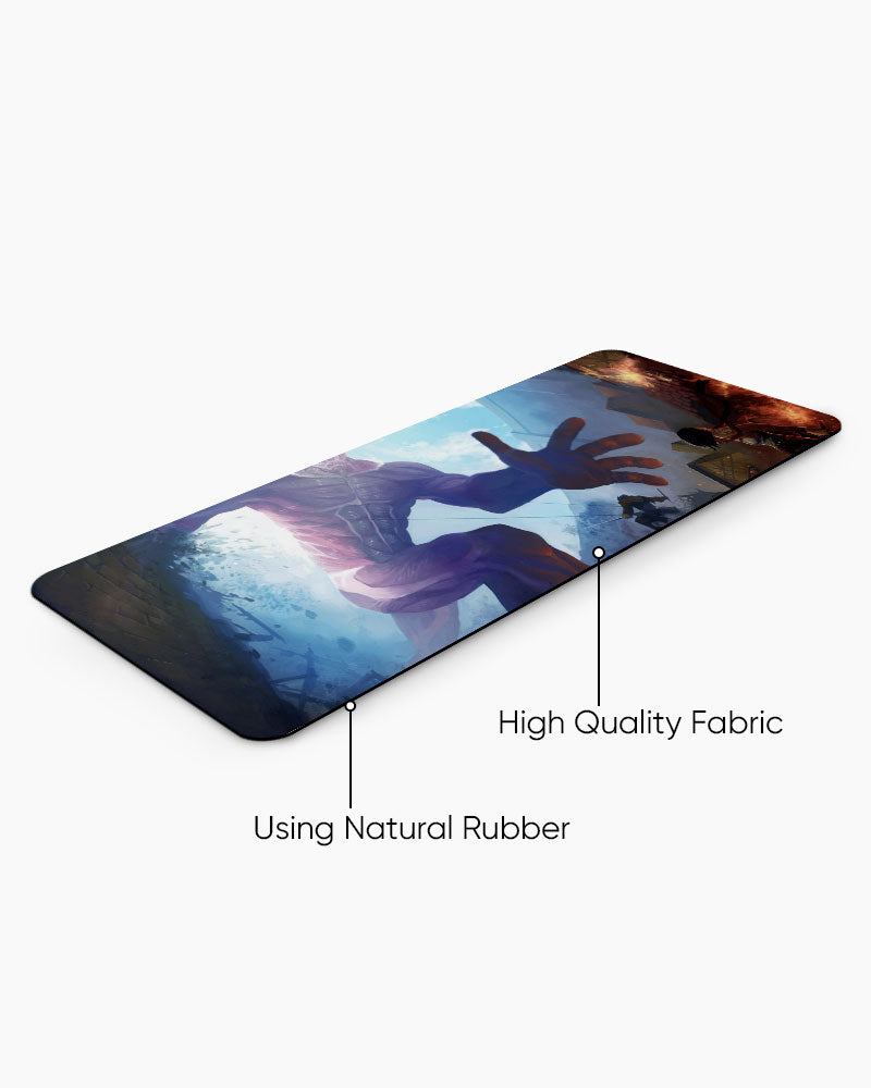 Colossal Titan vs Mikasa Ackerman Gaming Desk Mat, angled view