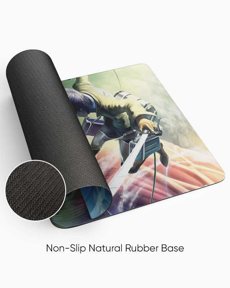Colossal Titan – Wall Breach Gaming Desk Mat rolled to show the natural rubber base