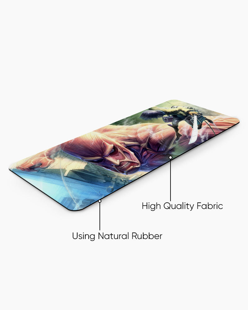 Colossal Titan – Wall Breach Gaming Desk Mat, angled view