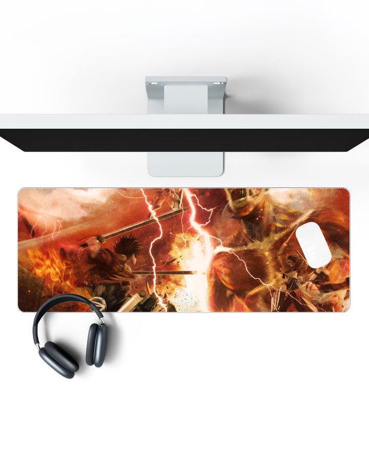 Armored Titan – Lightning Clash Gaming Desk Mat on a desk, top view