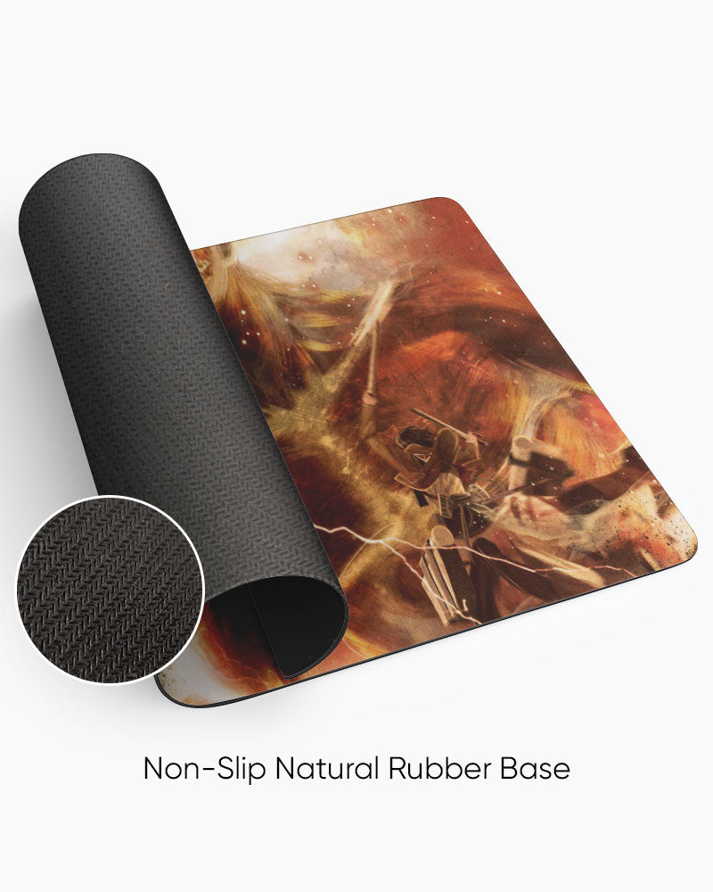 Armored Titan – Lightning Clash Gaming Desk Mat rolled to show the natural rubber base