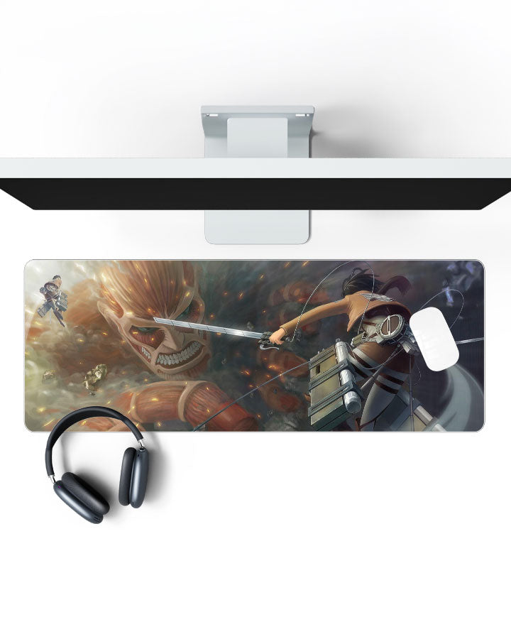 Colossal Titan – Scout Attack Gaming Desk Mat on a desk, top view