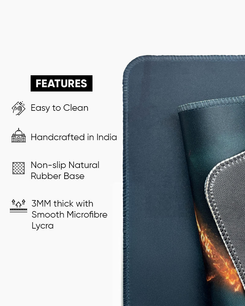 Desk mat features: easy to clean, handcrafted in India, non-slip natural rubber base, 3 mm smooth microfibre Lycra