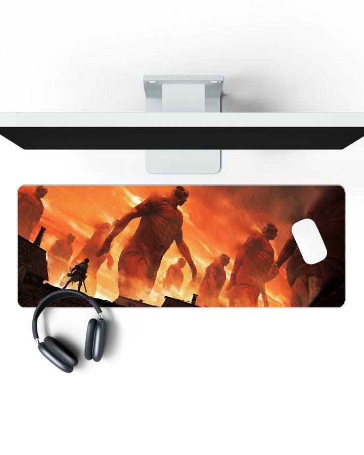 The Rumbling Gaming Desk Mat on a desk, top view
