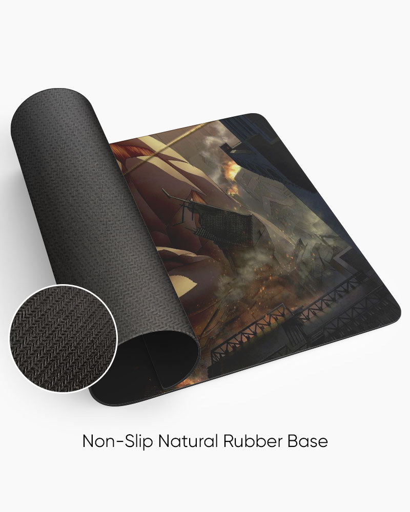 Armored Titan vs Mikasa Ackerman Gaming Desk Mat rolled to show the natural rubber base