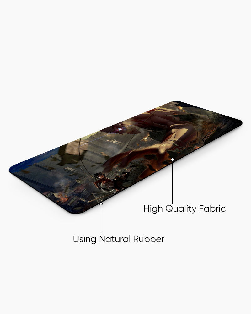 Armored Titan vs Mikasa Ackerman Gaming Desk Mat, angled view