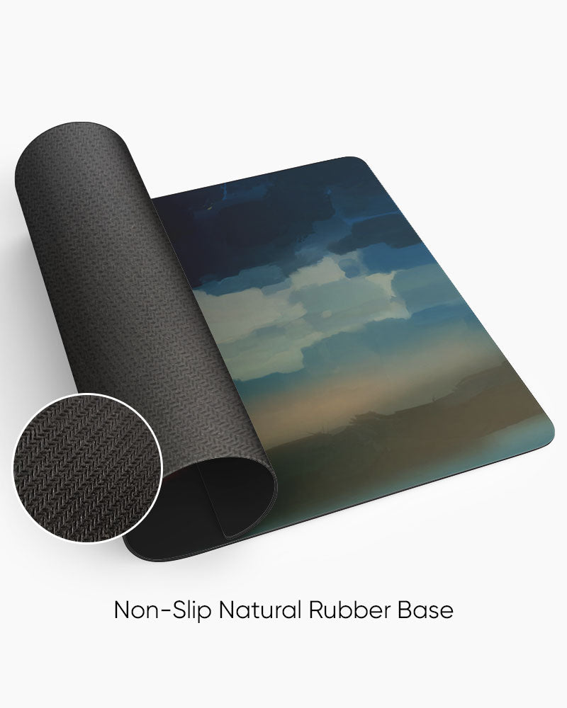 Eren, Mikasa & Armin Gaming Desk Mat rolled to show the natural rubber base