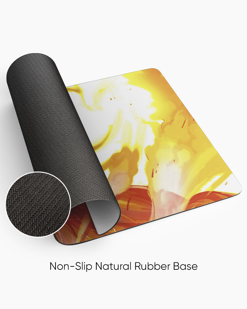 Attack Titan – Inferno Gaming Desk Mat rolled to show the natural rubber base