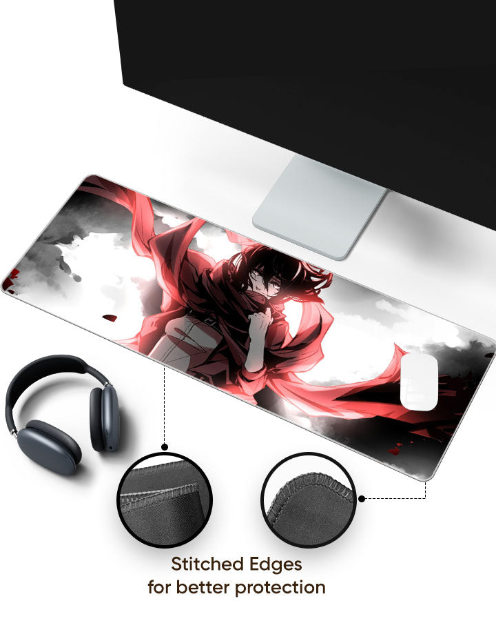 Mikasa Ackerman – Monochrome Gaming Desk Mat with stitched edges (EdgeGuard)