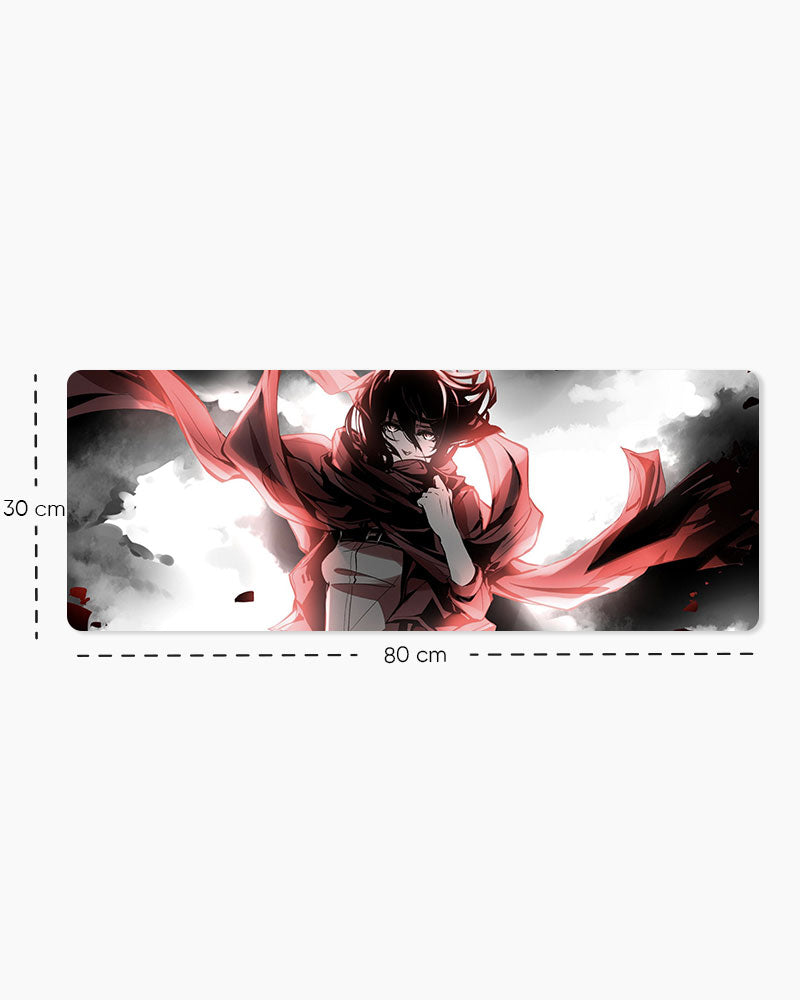 Mikasa Ackerman – Monochrome Gaming Desk Mat, Large size shown: 80 × 30 cm