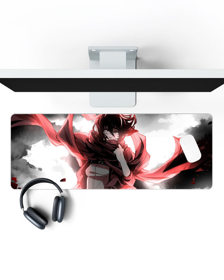 Mikasa Ackerman – Monochrome Gaming Desk Mat on a desk, top view