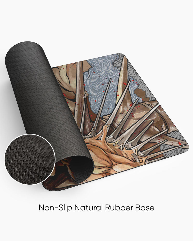 Eren Yeager – Final Season Gaming Desk Mat rolled to show the natural rubber base