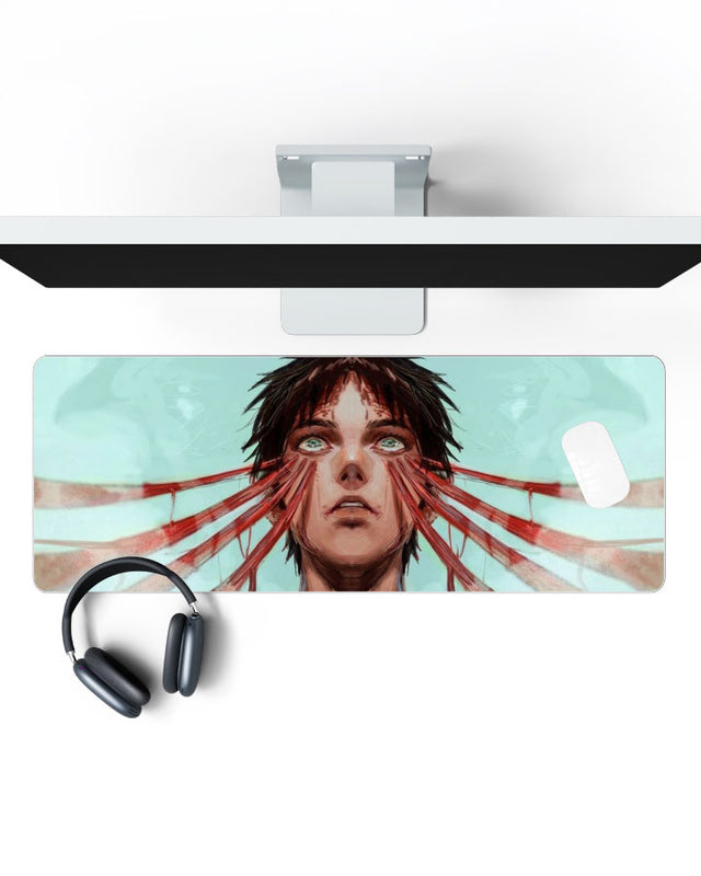Eren Yeager – Titan Shift Gaming Desk Mat on a desk, top view