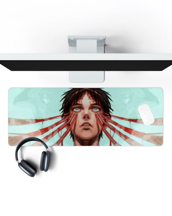 Eren Yeager – Titan Shift Gaming Desk Mat on a desk, top view