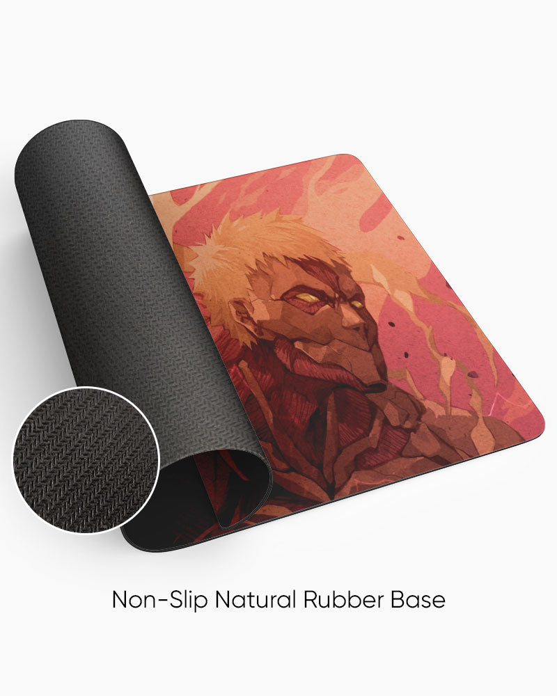 Colossal Titan & Armored Titan Gaming Desk Mat rolled to show the natural rubber base
