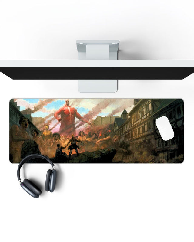 Colossal Titan – Titan Invasion Gaming Desk Mat on a desk, top view