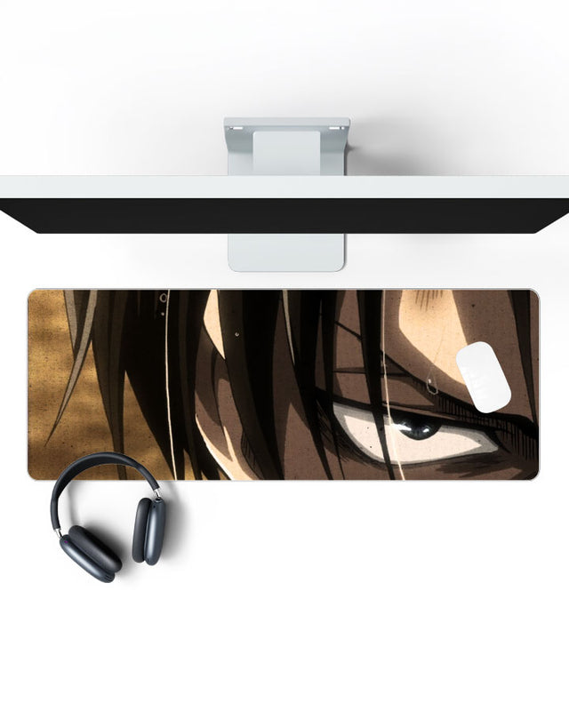 Eren Yeager – Close-Up Gaming Desk Mat on a desk, top view