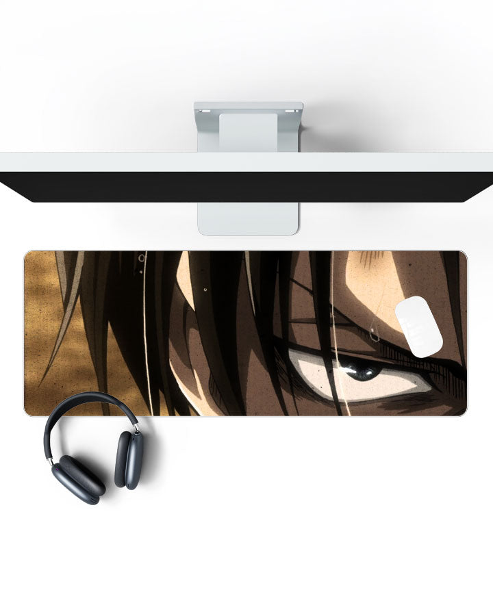 Eren Yeager – Close-Up Gaming Desk Mat on a desk, top view