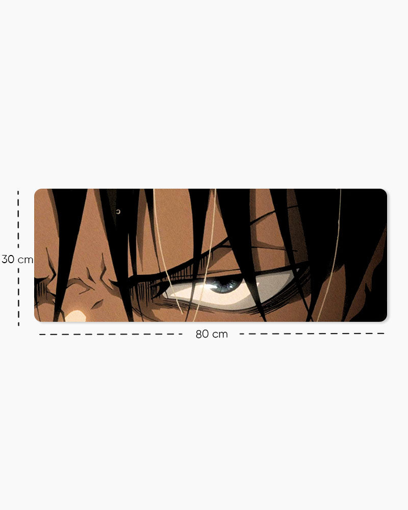 Eren Yeager – Glare Gaming Desk Mat, Large size shown: 80 × 30 cm