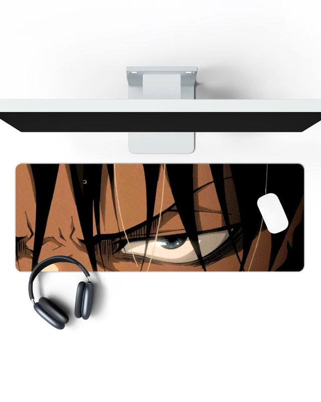 Eren Yeager – Glare Gaming Desk Mat on a desk, top view