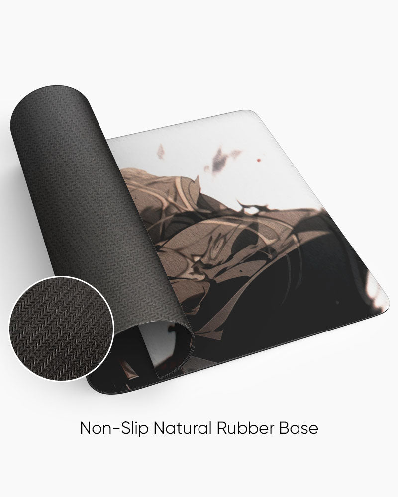 Levi Ackerman Gaming Desk Mat rolled to show the natural rubber base
