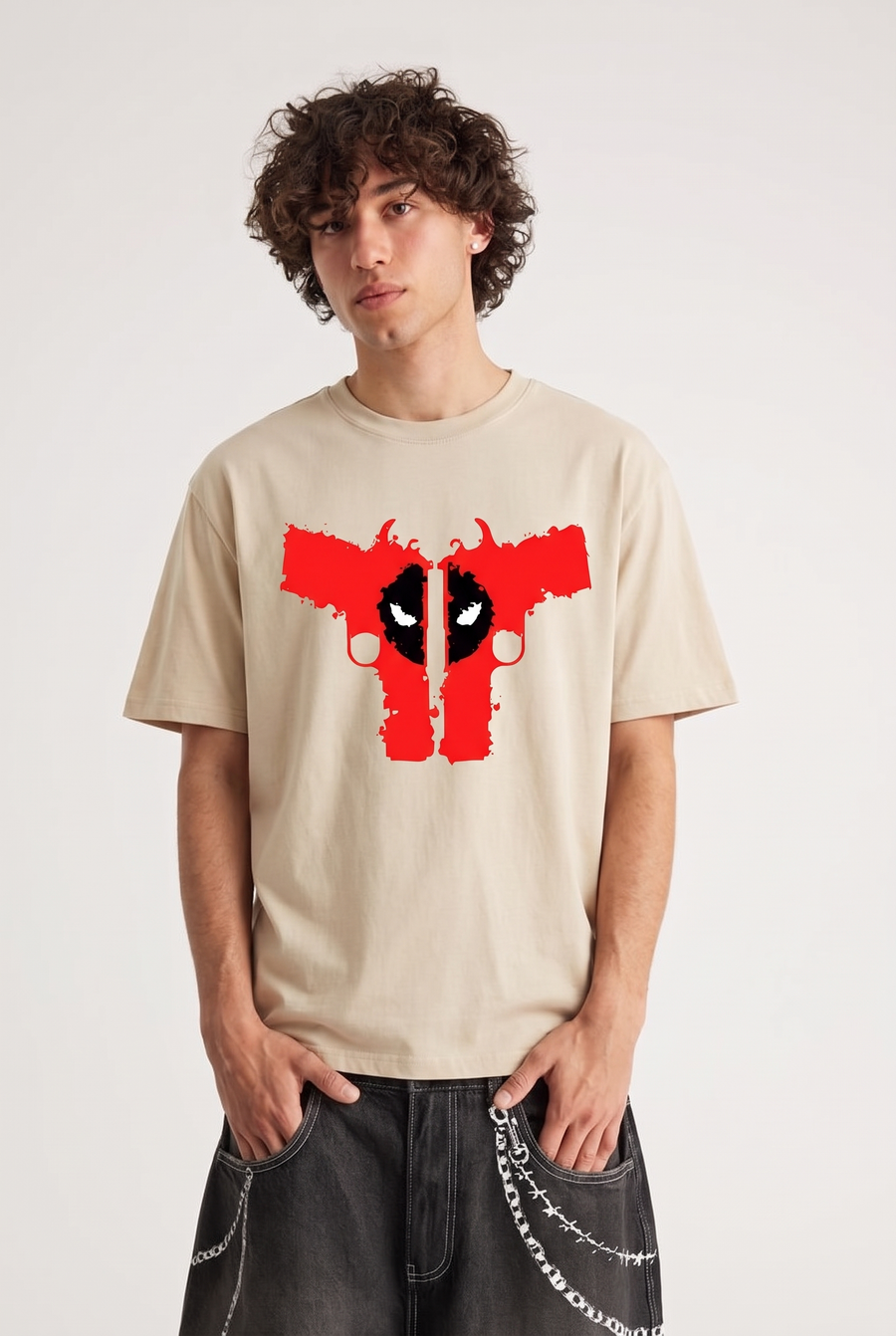 Deadpool – Twin Pistols Oversized T-Shirt – Beige – image 4