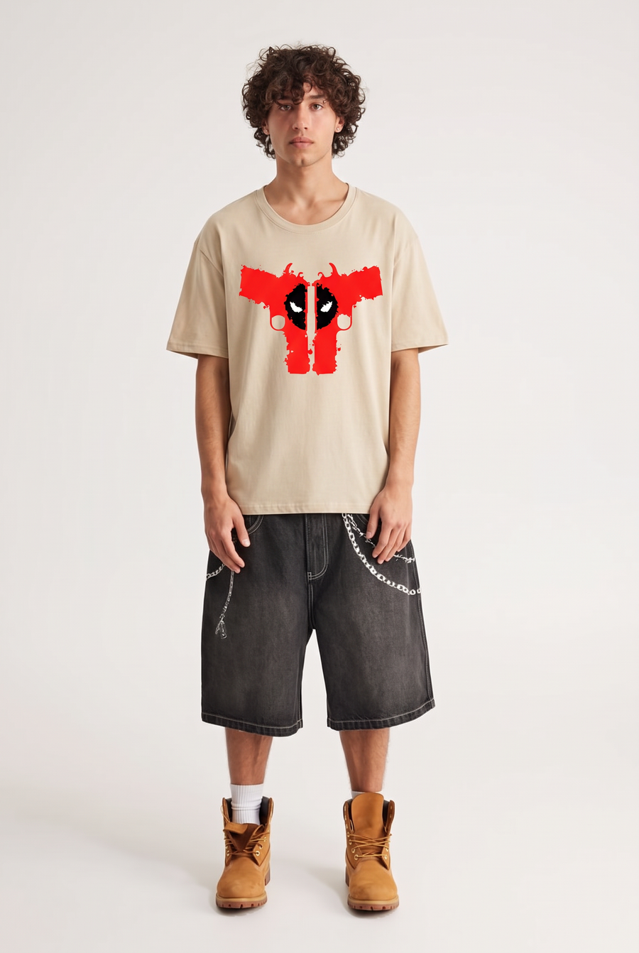 Deadpool – Twin Pistols Oversized T-Shirt – Beige – image 5
