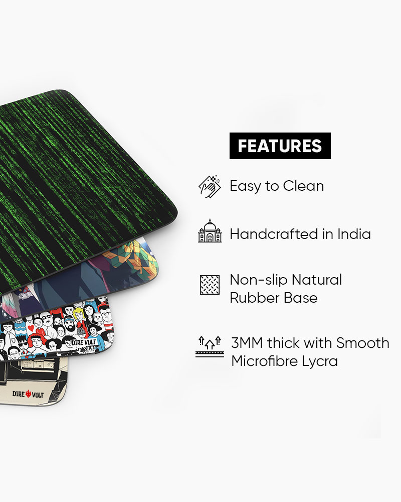 DIREVULF desk mat features: easy to clean, handcrafted in India, non-slip natural rubber base, 3 mm smooth microfibre Lycra